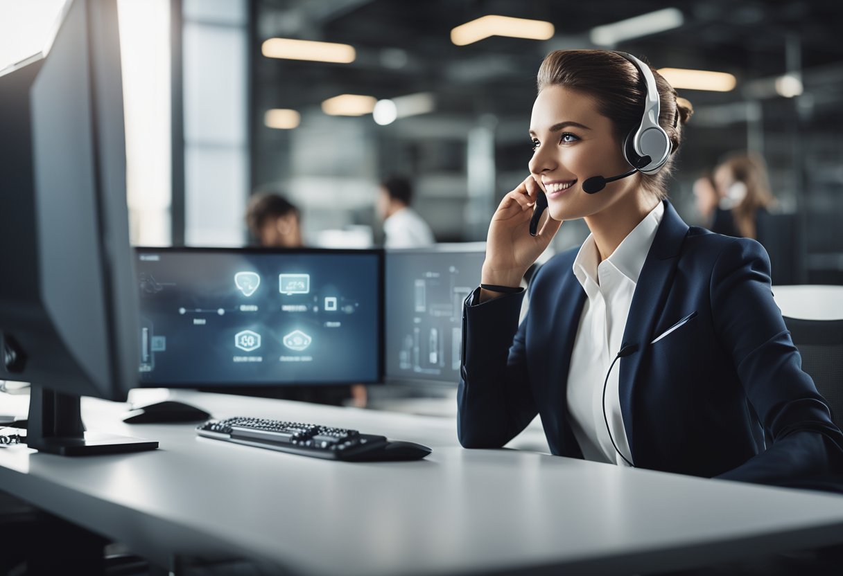 An AI call agent speaking into a headset while sitting at a desk with a computer screen displaying a customer service interface