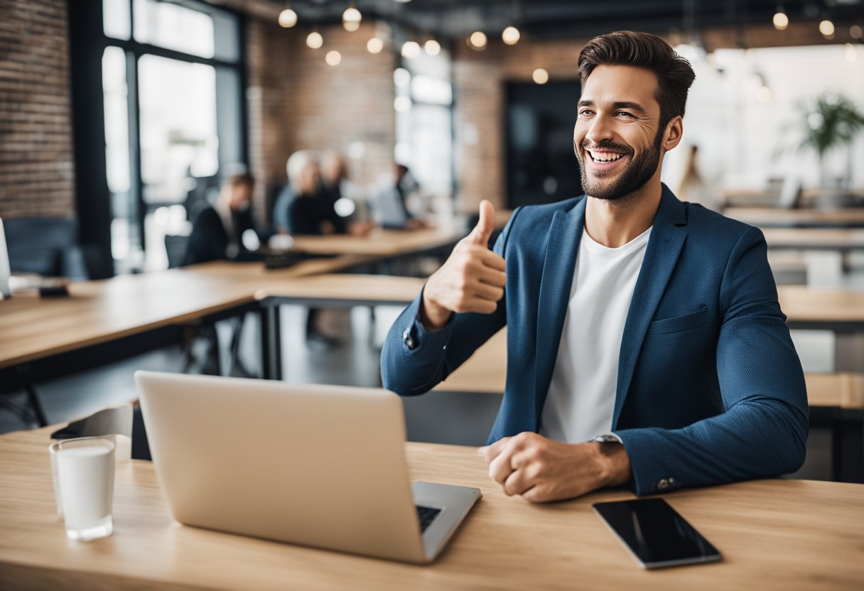 A customer happily selects Callin.io AI Call Agent from a list of options, with a bright smile and a thumbs-up gesture