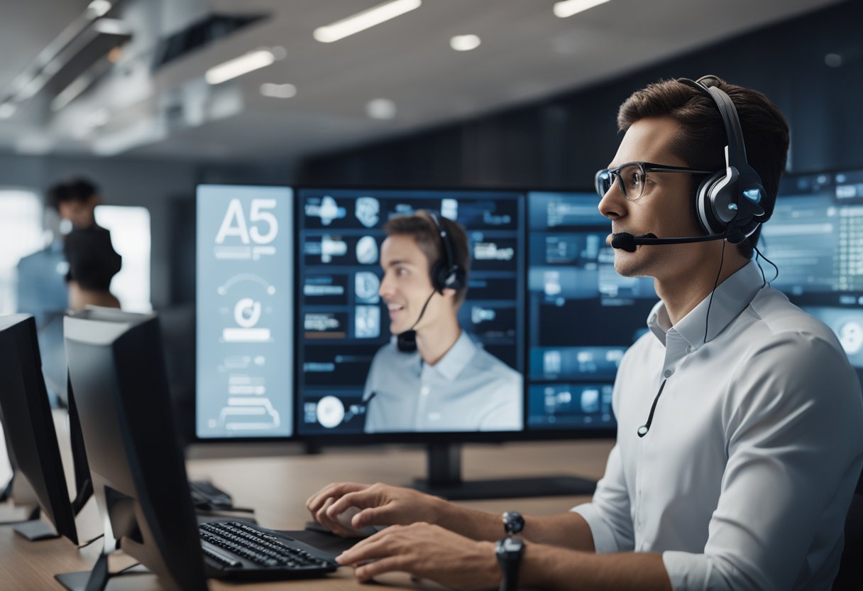 An AI call agent answering questions through a headset, while a screen displays various FAQs