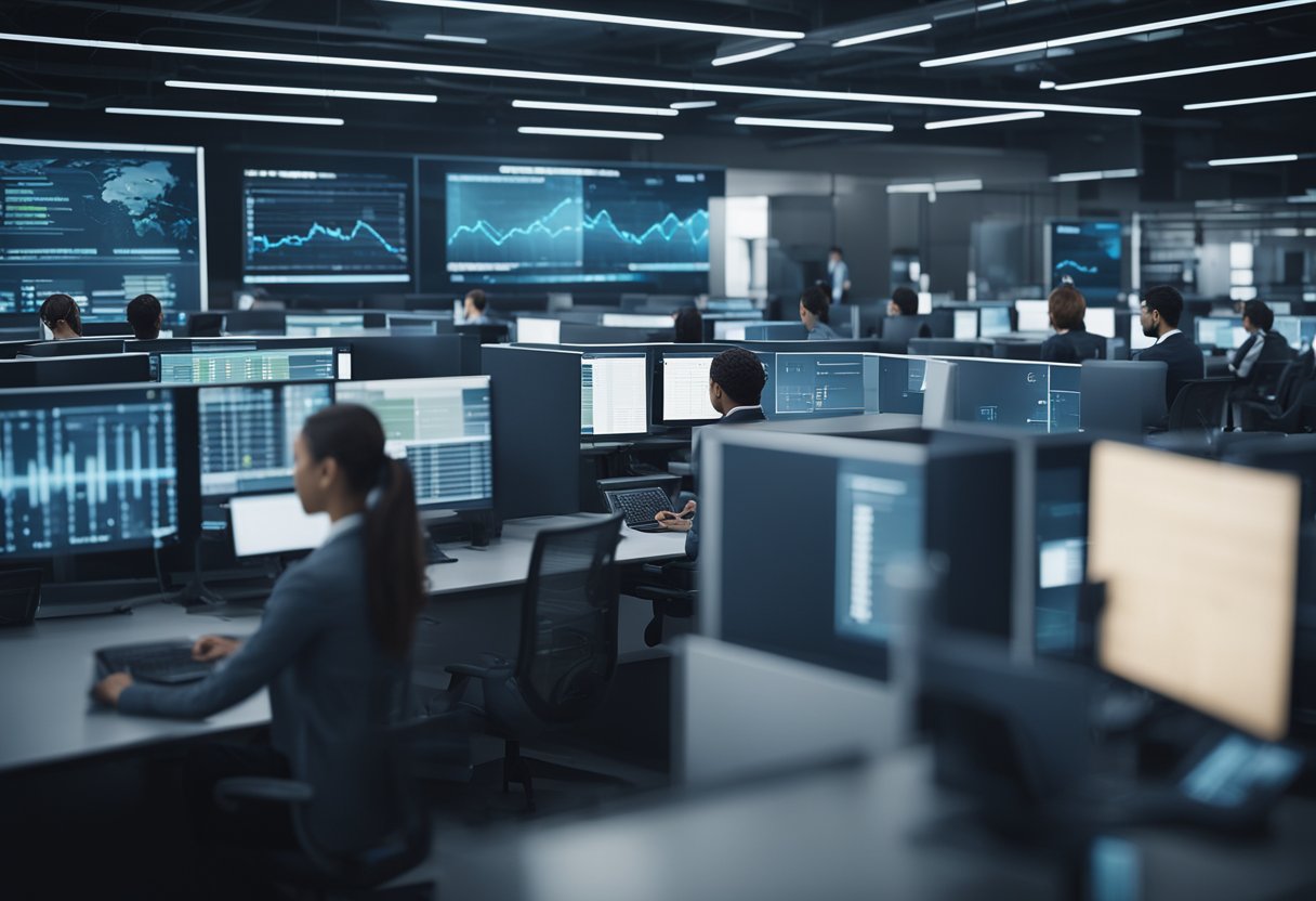 A sleek, futuristic call center with AI agents working seamlessly. Screens display data and graphs, while AI bots engage in natural conversations with customers