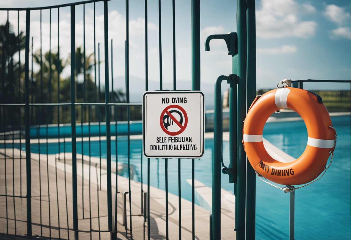 A pool with clear "No Diving" signs, a fence with a self-locking gate, and a lifebuoy ring mounted nearby