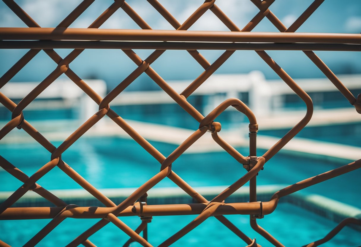 A pool with a sturdy safety barrier surrounding the perimeter, a locked gate, and clear warning signs