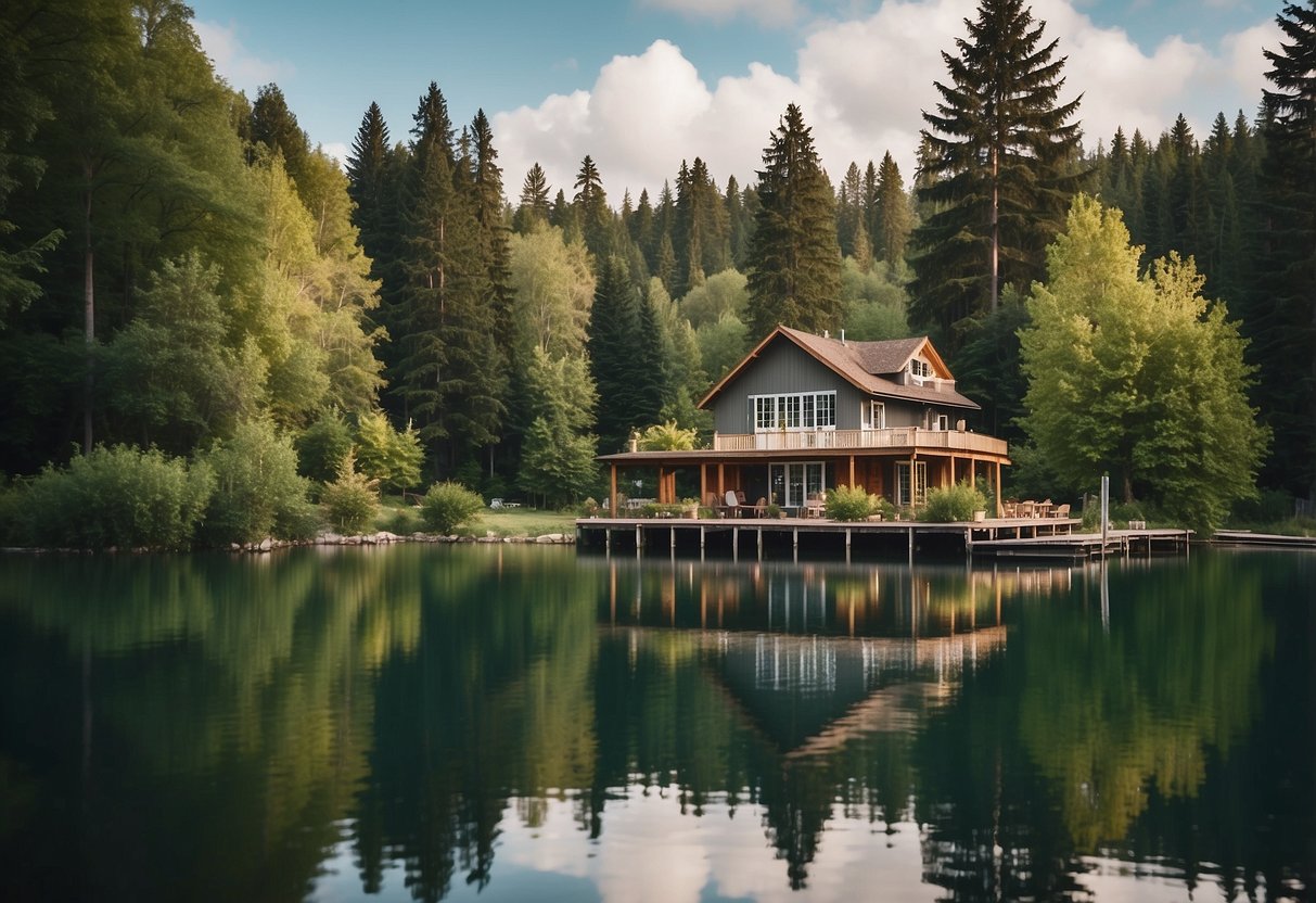 A serene lake surrounded by a cozy house, with a wooden dock stretching out into the water. Lush greenery and tall trees frame the tranquil scene