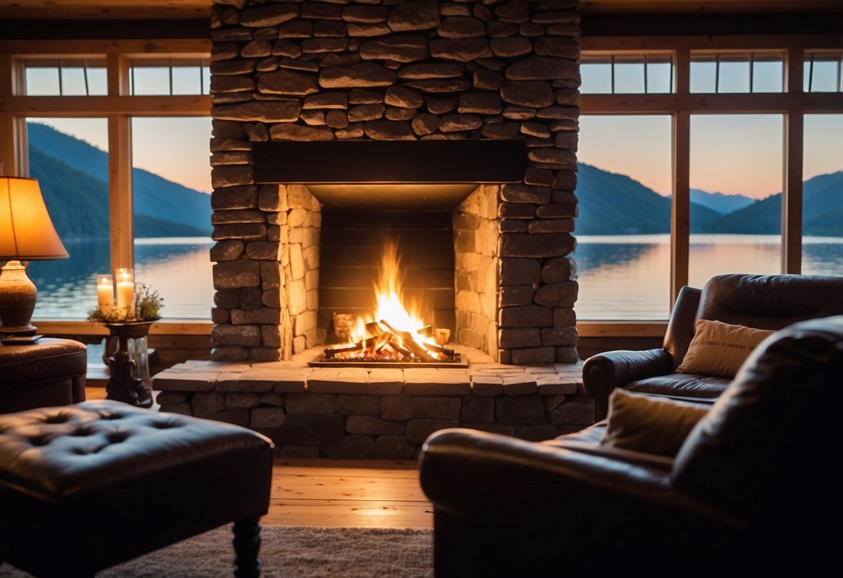 A crackling fire warms a rustic lake house with stone fireplace, cozy armchairs, and a view of the tranquil water