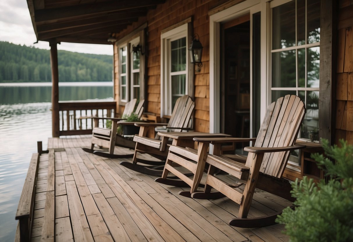 A cozy lake house with rustic wooden furniture, including a weathered dining table, Adirondack chairs, and a rocking chair on the porch