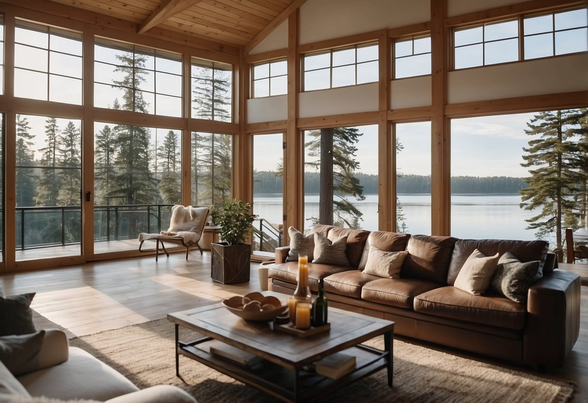 A spacious lake house with large windows, high ceilings, and a seamless flow between the living, dining, and kitchen areas. Natural light floods the open floor plan, showcasing stunning views of the surrounding landscape