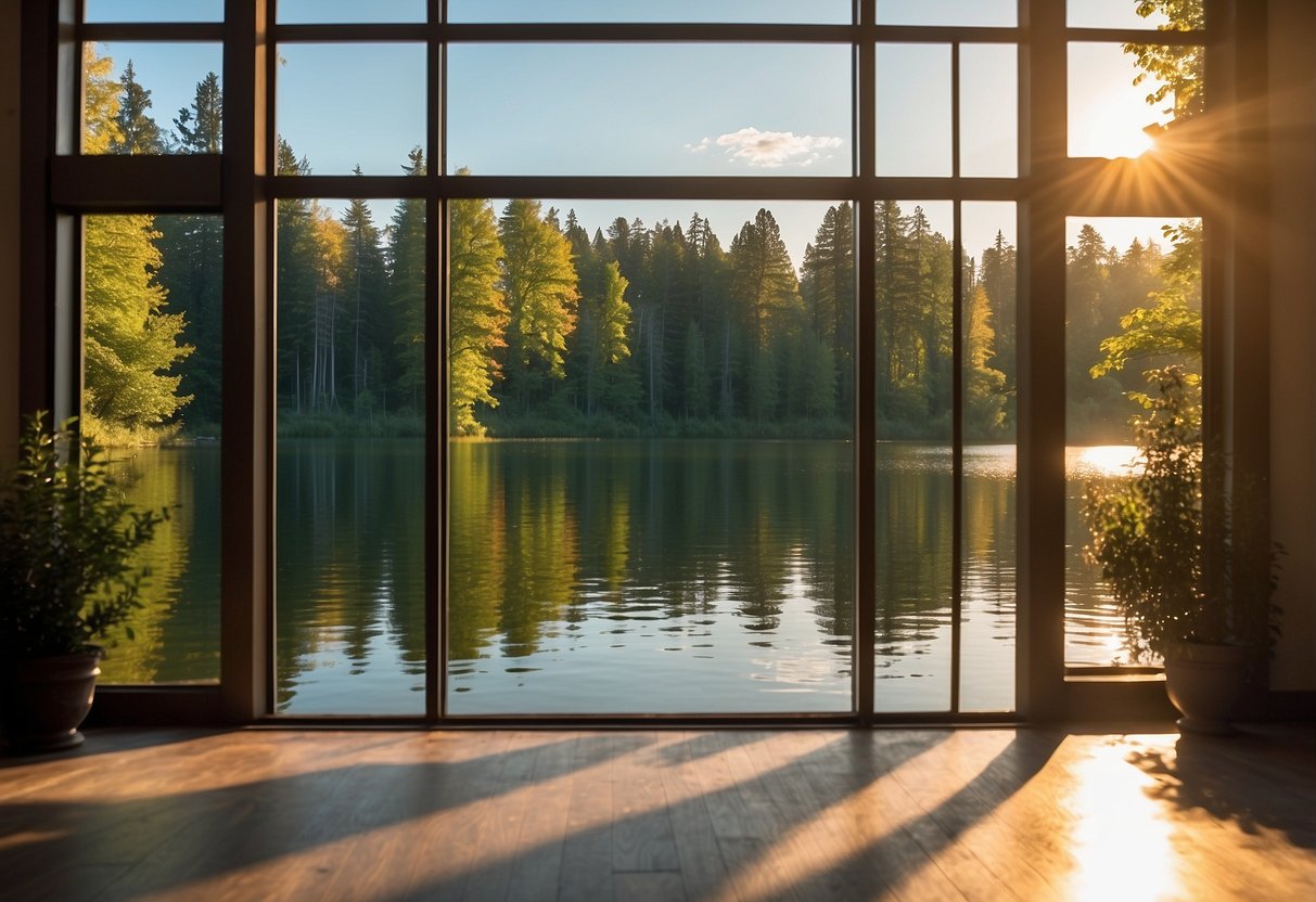 The large windows overlook a serene lake, reflecting the surrounding greenery. The sunlight streams in, casting a warm glow over the spacious room