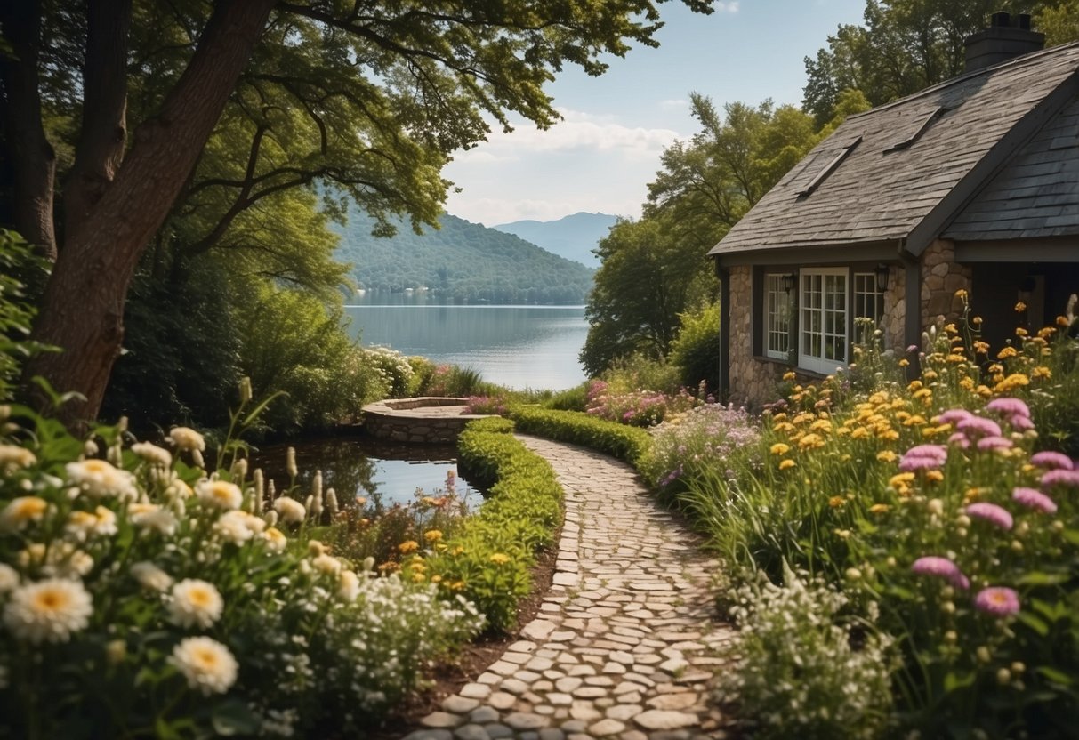 A winding stone pathway leads to a charming lake house, surrounded by lush greenery and blooming flowers. The tranquil setting is complemented by the serene waters of the lake in the background