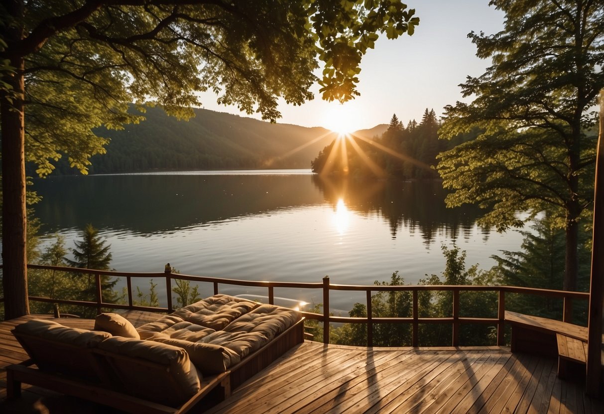 A serene lake surrounded by lush greenery, with several hot tubs perched on a wooden deck overlooking the water. The sun is setting, casting a warm glow over the scene