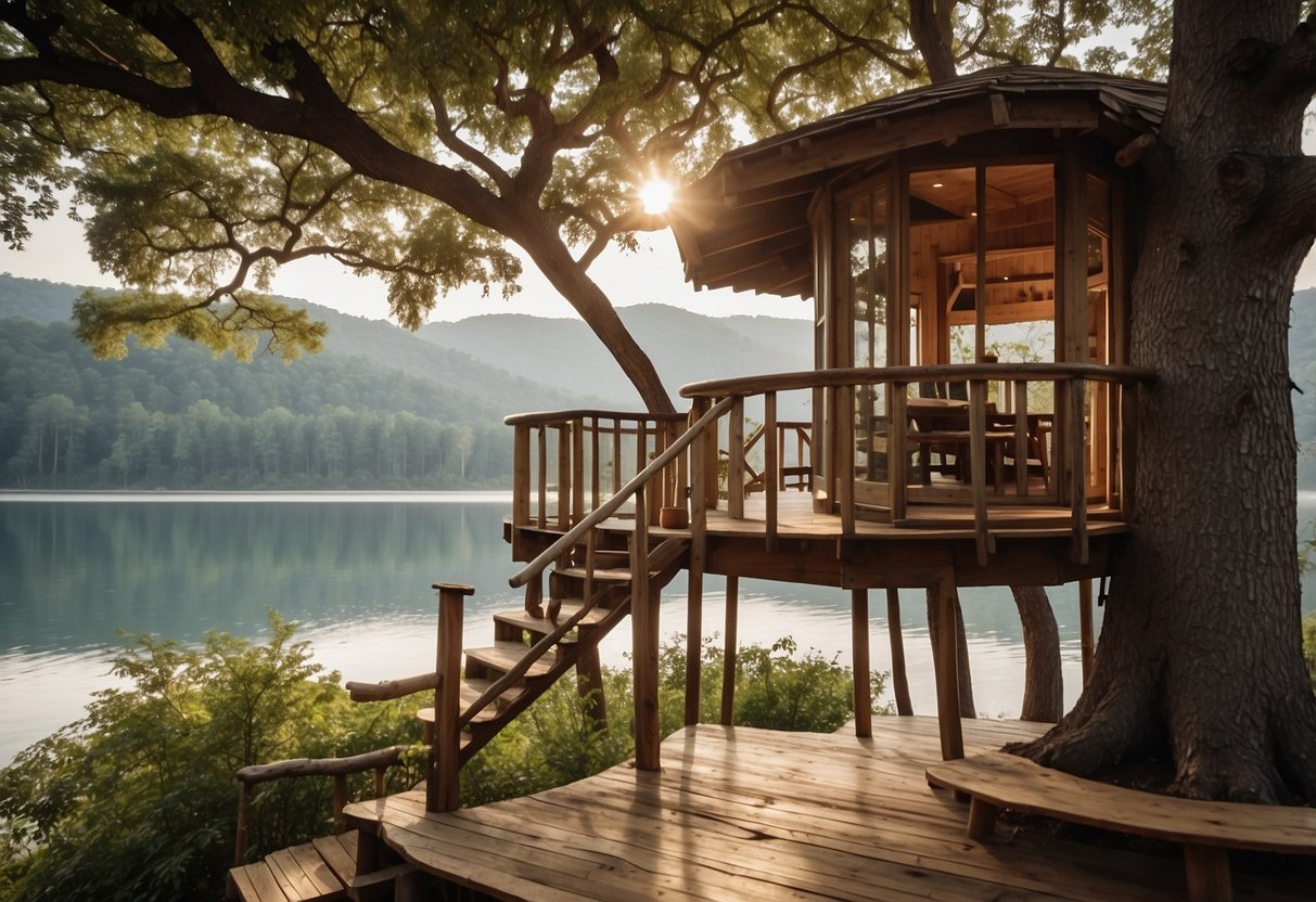 A rustic treehouse nestled in the branches of a tall oak tree, with a wooden deck and cozy seating area overlooking a serene lake