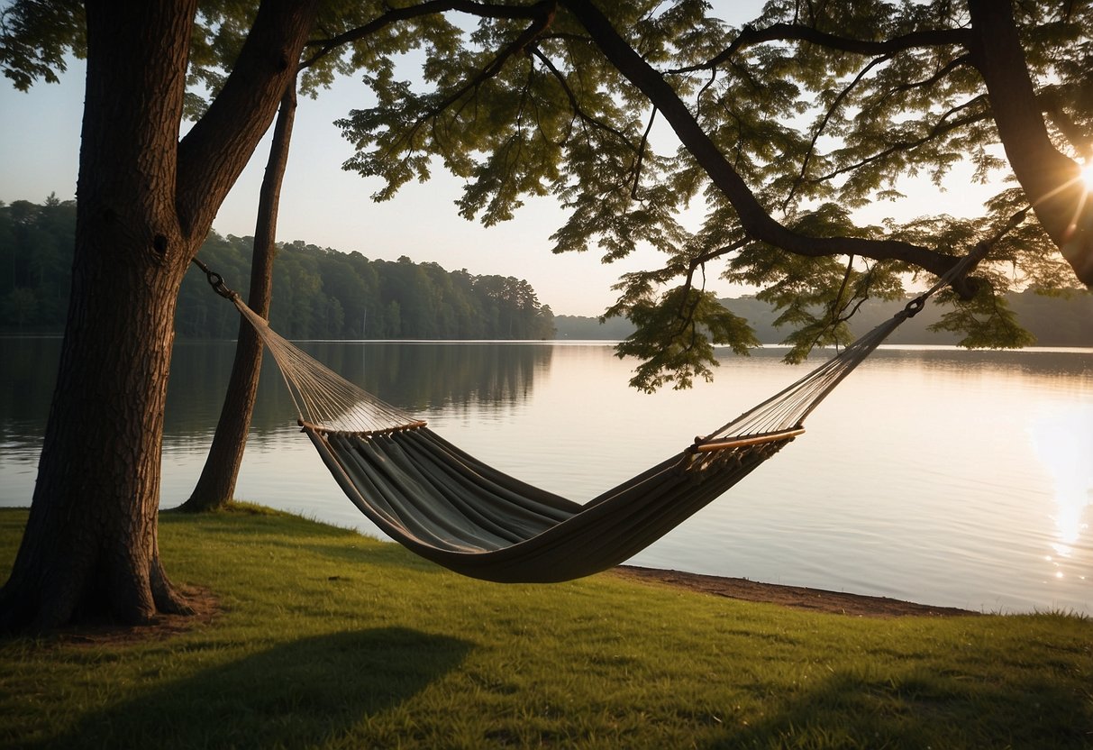 A hammock hangs between two trees near a tranquil lake house, surrounded by lush greenery and a serene atmosphere