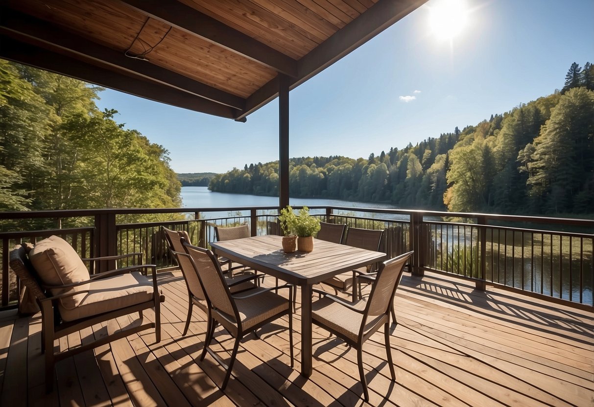 A deck with a BBQ grill surrounded by cozy outdoor furniture and overlooking a serene lake, with lush greenery and a clear blue sky in the background