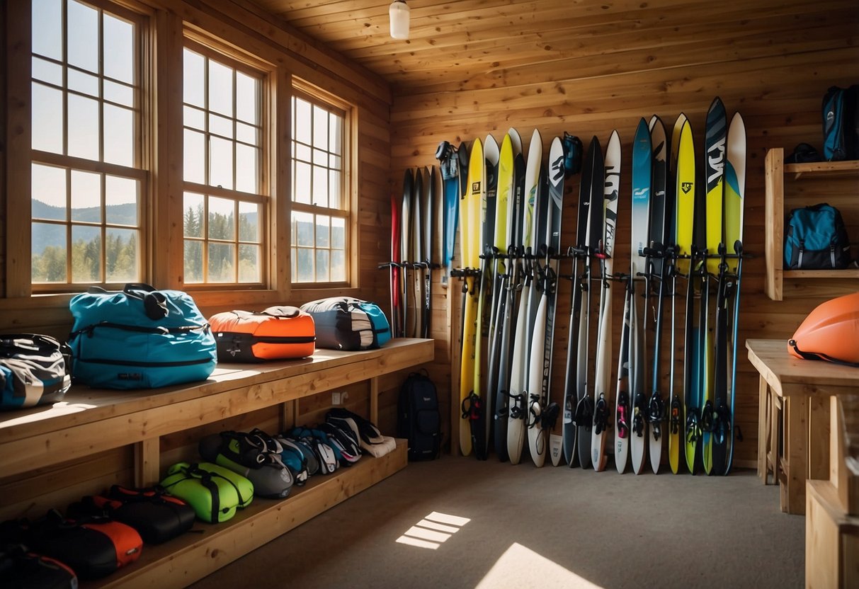 Water sports equipment neatly organized in a storage area at a picturesque lake house. Paddles, life jackets, and water skis are displayed on hooks and shelves