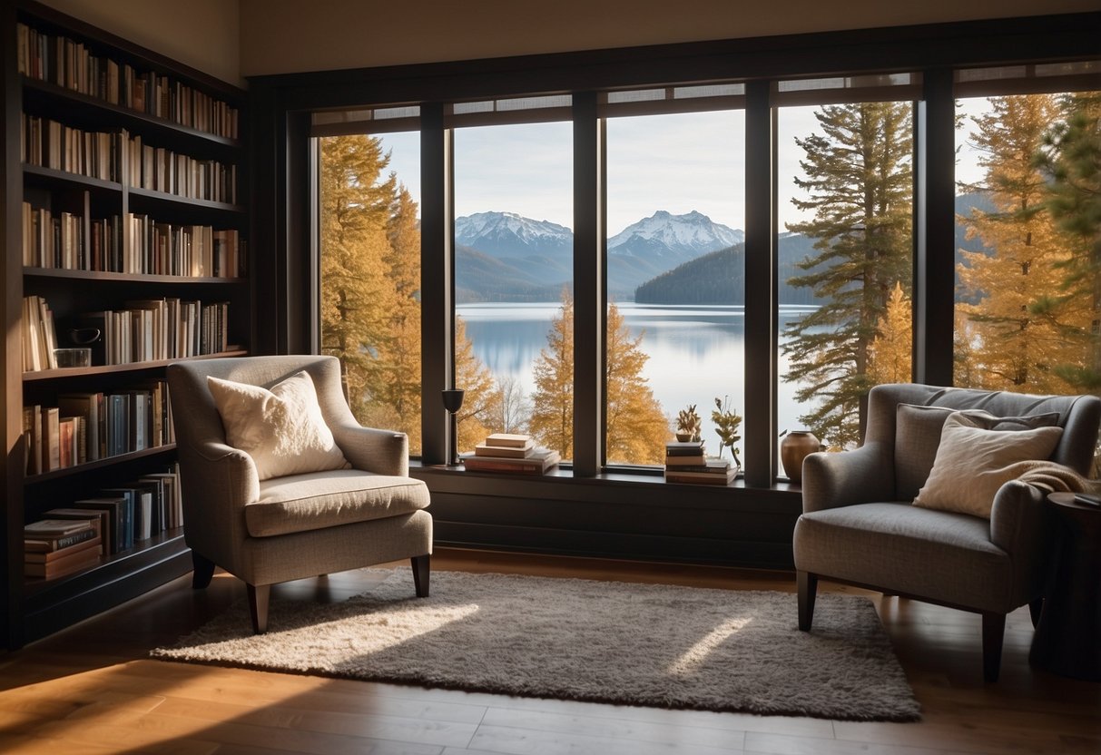 A cozy reading nook by a large window overlooking a tranquil lake. Comfy armchair, bookshelves, and a warm throw blanket complete the inviting space