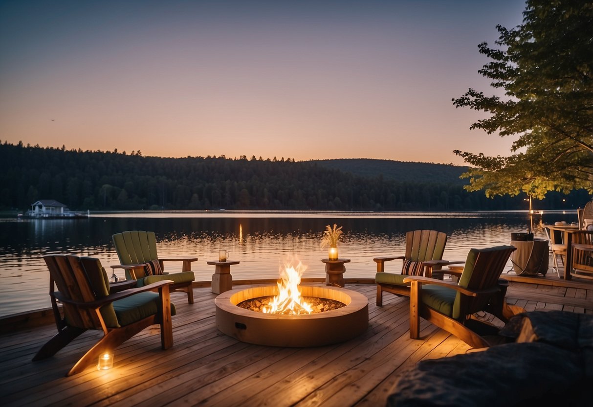 A lakeside deck with cozy seating, a fire pit, and string lights. A dock extends into the water, with lounge chairs for sunbathing