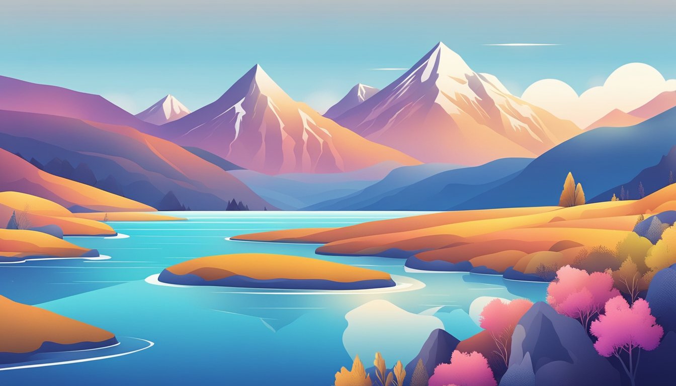 A colorful landscape with mountains, a flowing river, and a bright blue sky