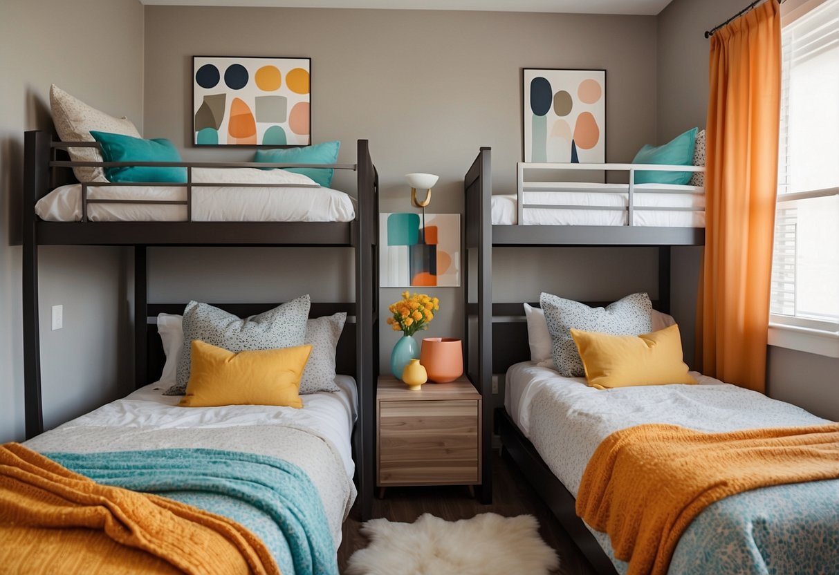 Two twin bedrooms with matching decor and cozy bedding. One room features a neutral color palette with modern furniture, while the other has a playful, colorful theme with bunk beds and vibrant accents