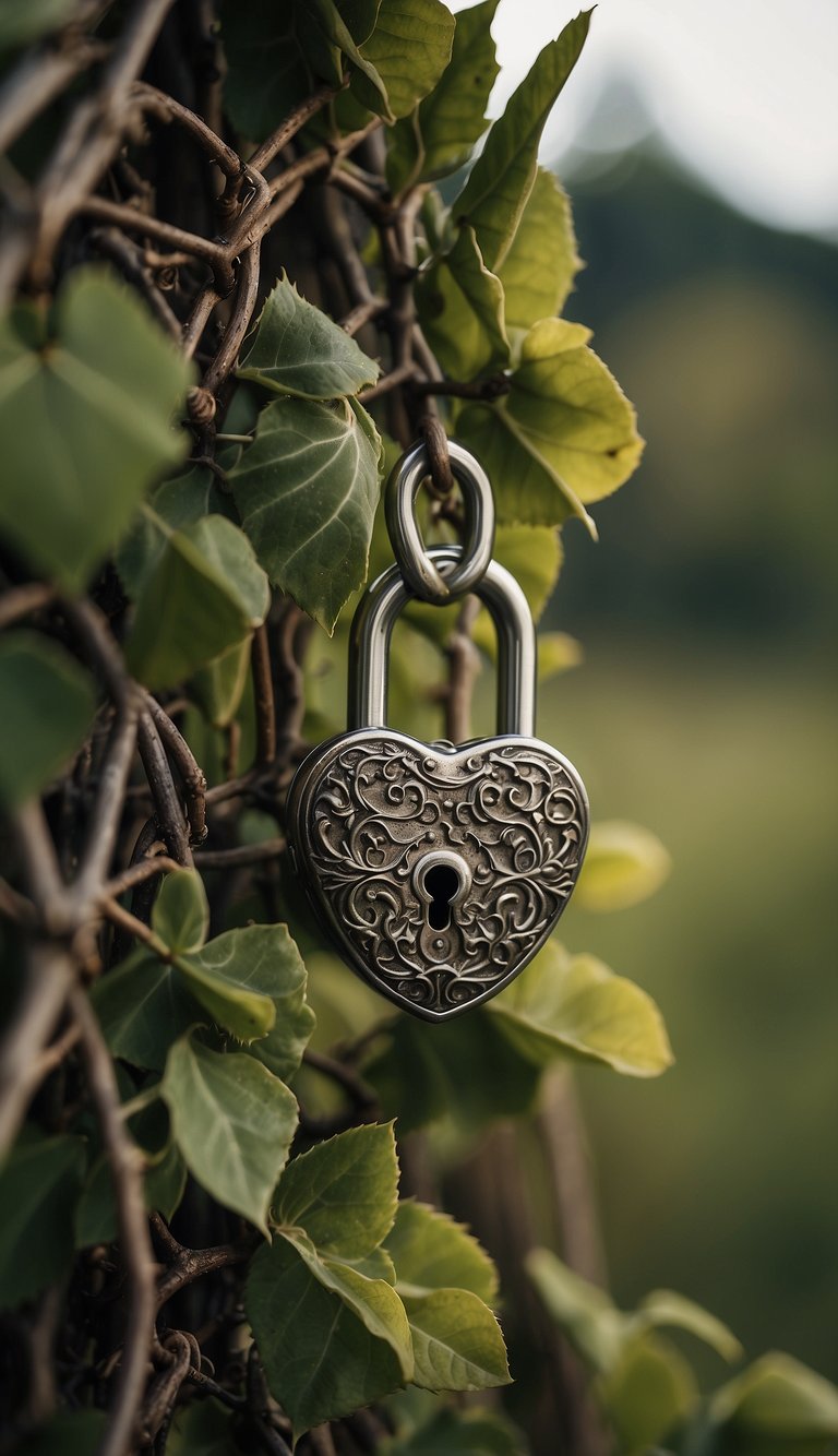 A heart-shaped lock surrounded by thorny vines, with a vigilant eye watching over it