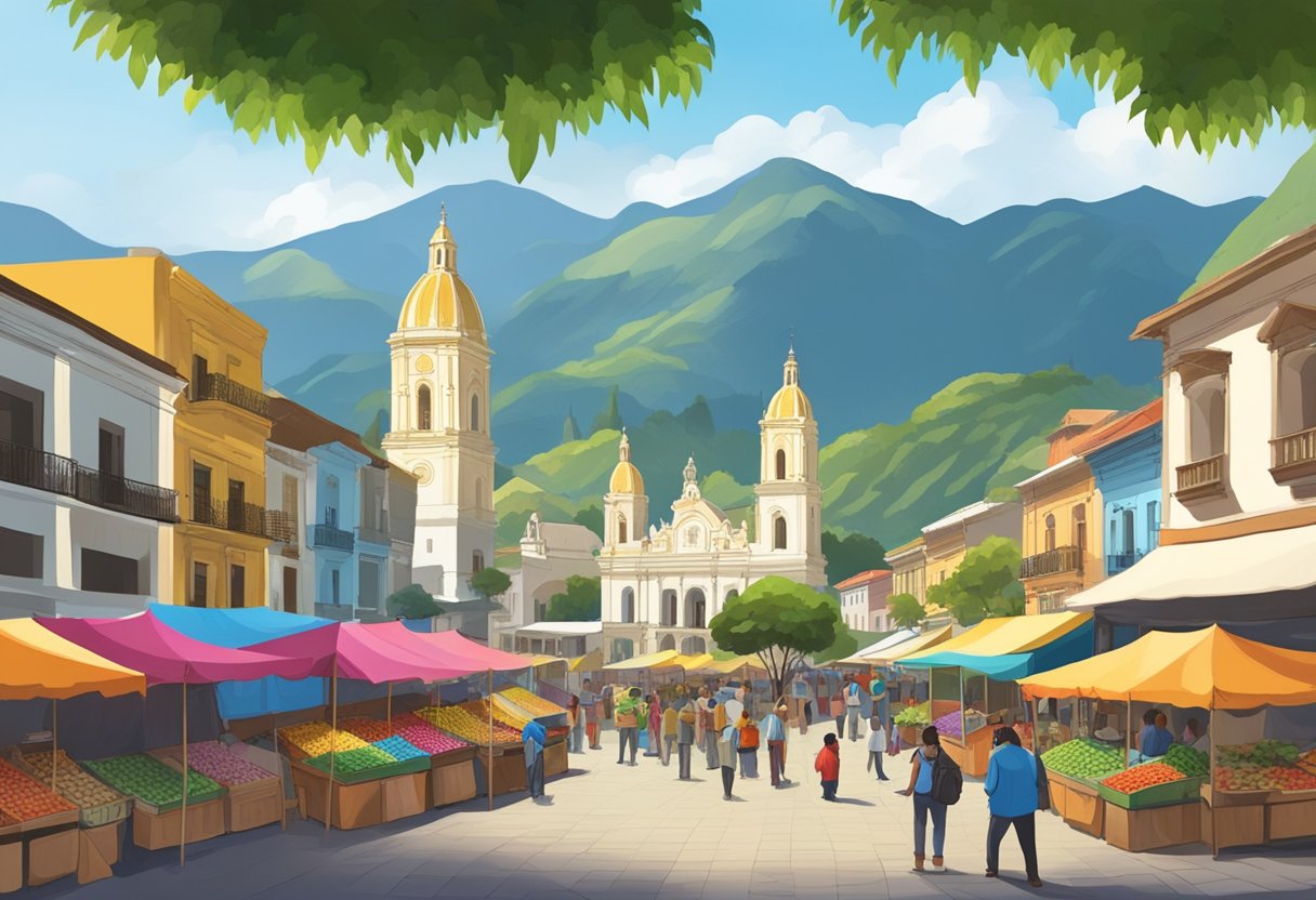 A bustling town square in Bolívar, Ecuador, with colorful market stalls, historic buildings, and a backdrop of lush mountains