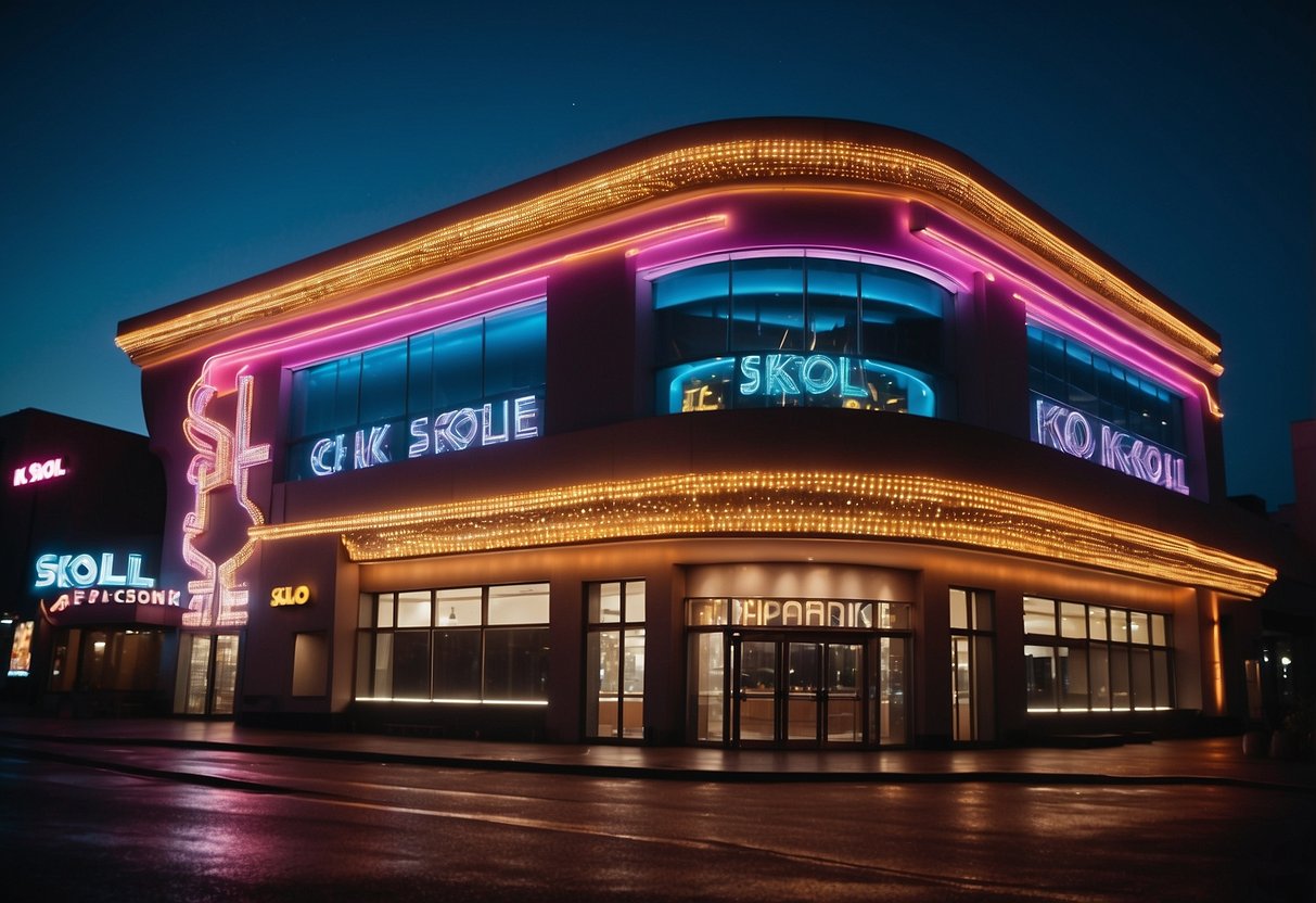 The vibrant lights of Skol Casino illuminate the night sky, casting a colorful glow on the sleek, modern architecture of the building. The entrance is adorned with a bold, neon sign, drawing in eager patrons from all around