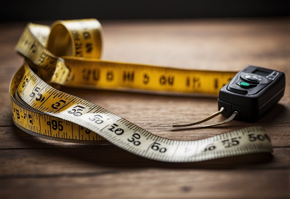 A tape measure lying next to a bundle of hair extensions, with a ruler showing the minimum length required for wearing extensions