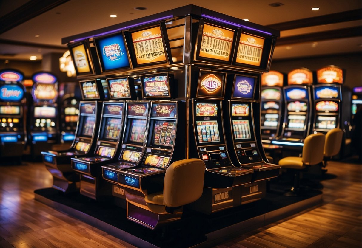 A variety of game options displayed on shelves at 21 Casino, including slot machines, card games, and roulette tables