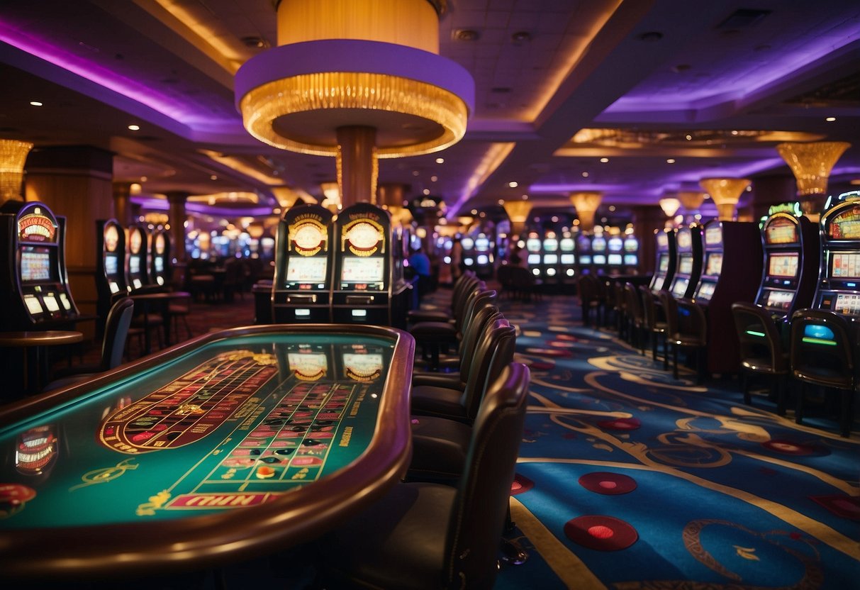 A bustling casino floor with slot machines, card tables, and a roulette wheel. Bright lights, colorful decorations, and a lively atmosphere