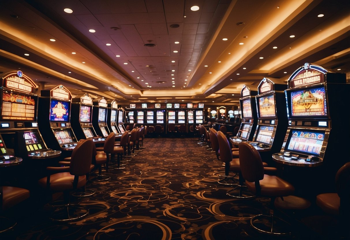 A bustling casino floor with a variety of games, including slot machines, poker tables, and roulette wheels, all surrounded by flashing lights and excited patrons