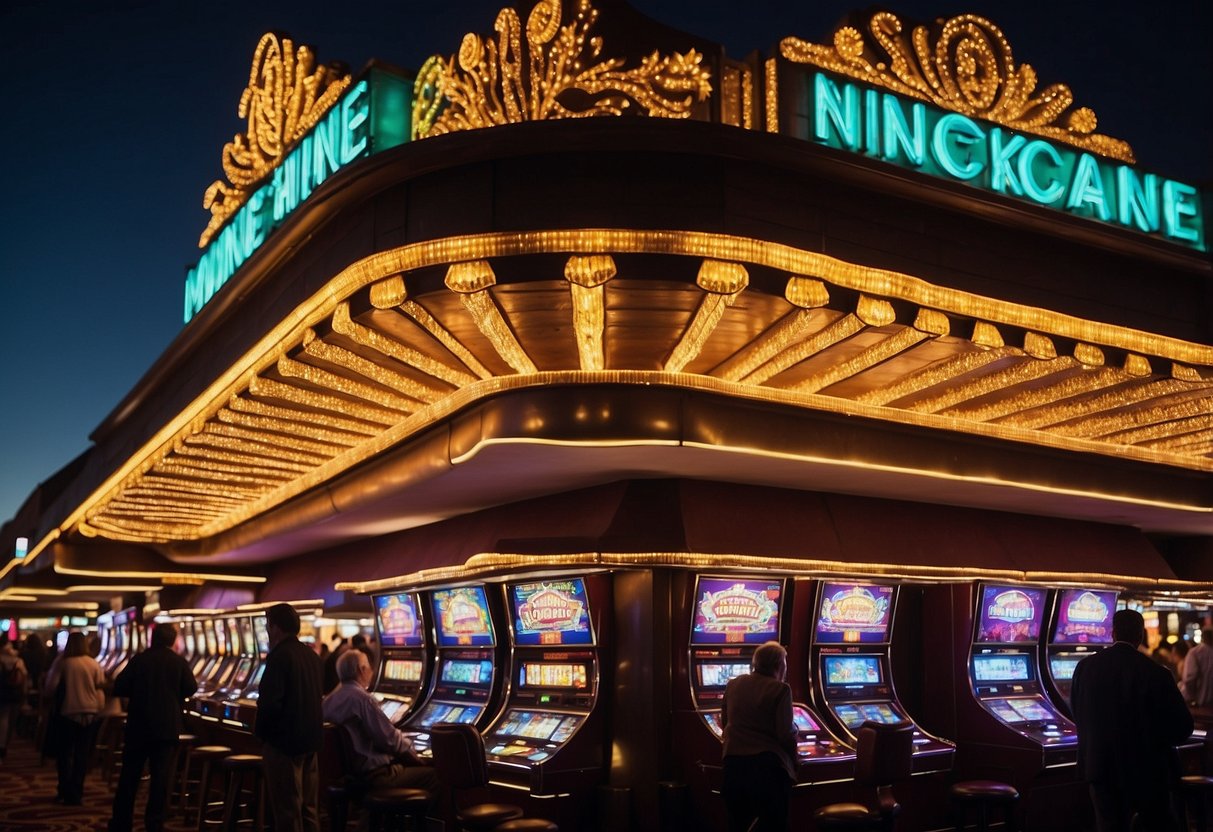 The neon lights of Nine Casino flicker against the night sky, casting a vibrant glow over the bustling crowd below. The sound of slot machines and chatter fills the air as patrons eagerly try their luck