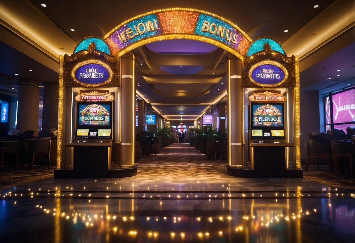 A colorful banner with "Welcome Bonuses and Promotions" displayed prominently above the entrance of Nine Casino. Bright lights and confetti add to the festive atmosphere