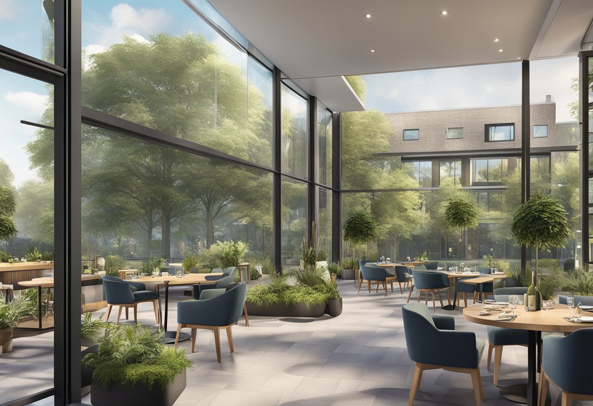 The exterior of Van der Valk Utrecht features a modern, sleek design with large windows and a spacious outdoor terrace. The hotel is surrounded by lush greenery and a peaceful atmosphere