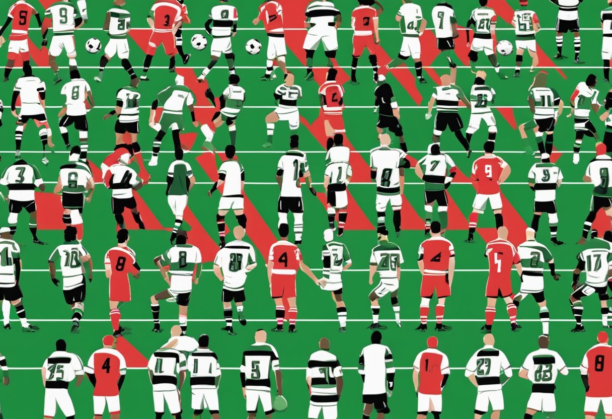 Players in red and white line up against players in black and white on a green field