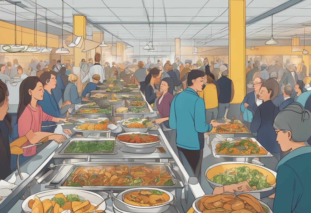 A bustling buffet at "All You Can Eat Utrecht" with steaming dishes and eager diners