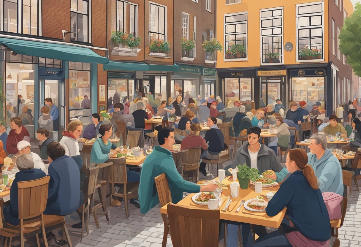 A bustling restaurant in Utrecht, filled with tables of food and hungry patrons enjoying a variety of dishes