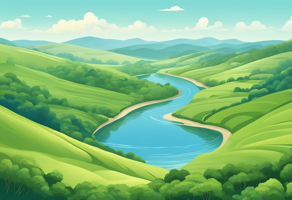 A serene landscape with rolling hills, lush greenery, and a clear blue sky. A winding river cuts through the scene, reflecting the surrounding beauty