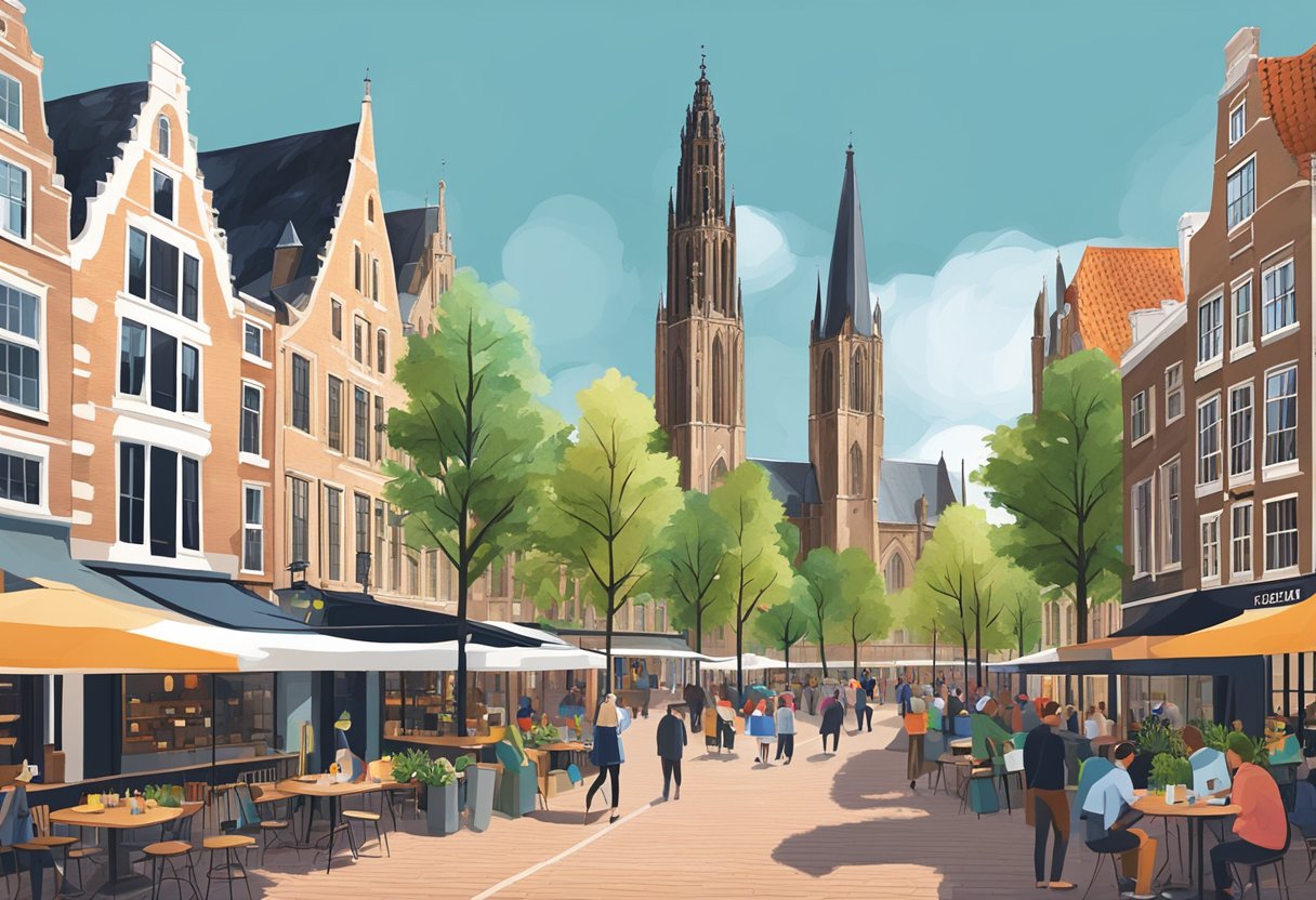 A bustling Utrecht cityscape with iconic Dom Tower and canals, surrounded by historic buildings and lively outdoor cafes