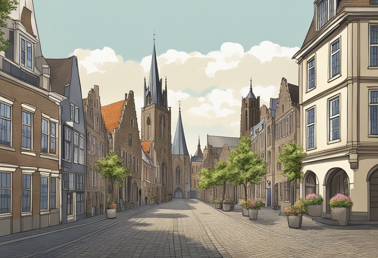 Ancient monuments in Utrecht, Netherlands. A medieval castle, historic churches, and cobblestone streets