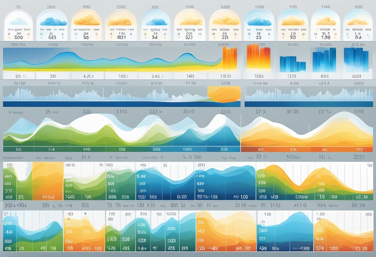 The daily temperature profiles for a 14-day weather forecast in Utrecht, Netherlands, showing fluctuating temperatures throughout the day