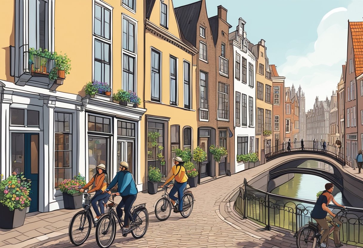 People biking along the picturesque canals of Utrecht, passing by historic buildings and charming cafes