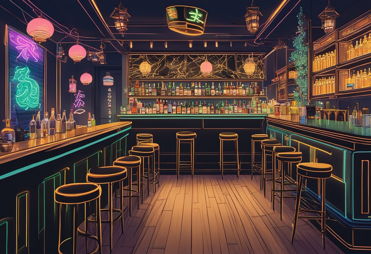 The Duke of Tokyo Utrecht, a bustling Japanese-inspired bar with neon lights, sake bottles, and traditional decor