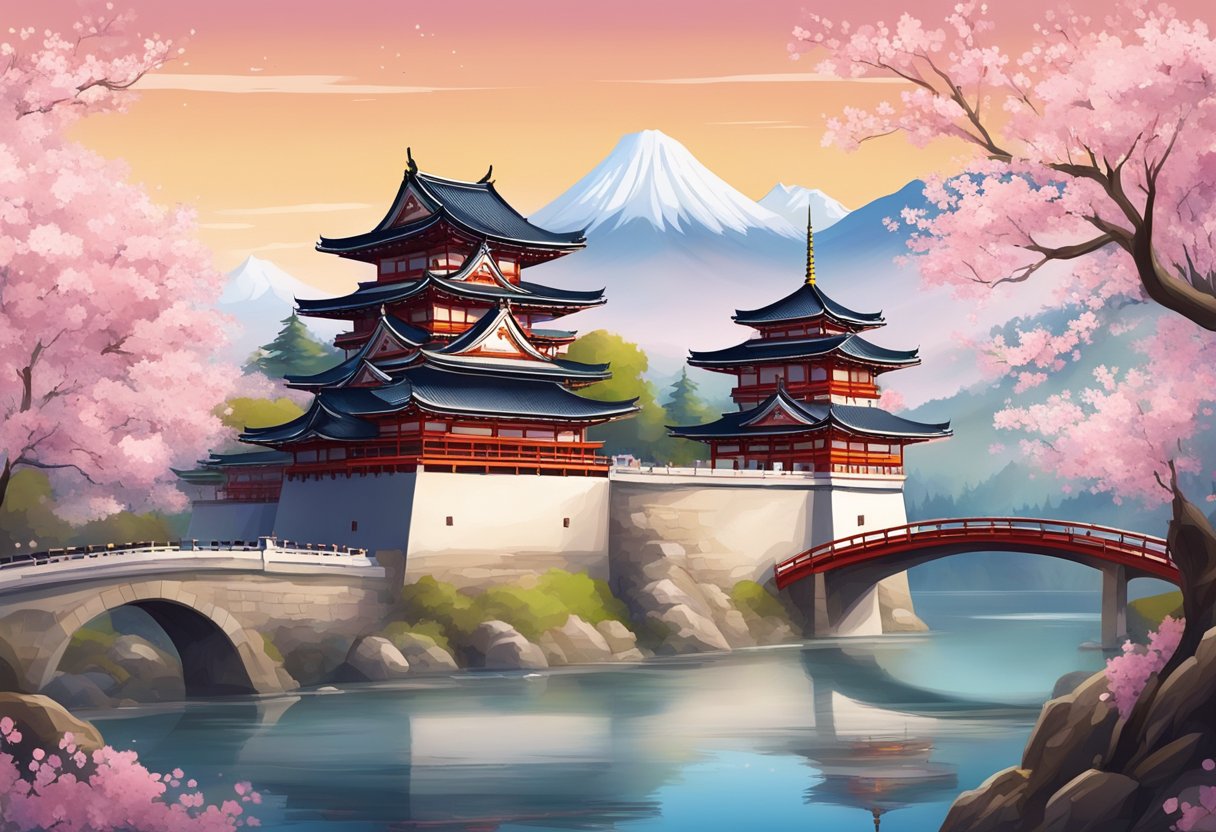 A grand castle with Japanese architecture, surrounded by cherry blossom trees and a flowing river