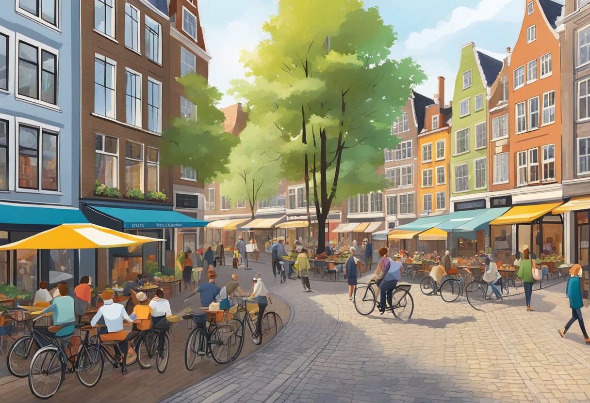 A bustling street in Utrecht with colorful buildings, bicycles lining the cobblestone paths, and people enjoying outdoor cafes