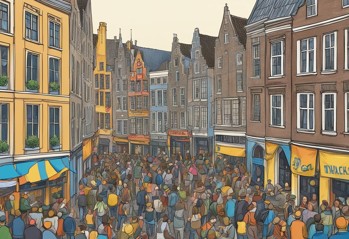 A bustling crowd fills the historic streets of Utrecht, Netherlands, as the Play-in event unfolds, with musicians playing in various corners and colorful banners adorning the buildings