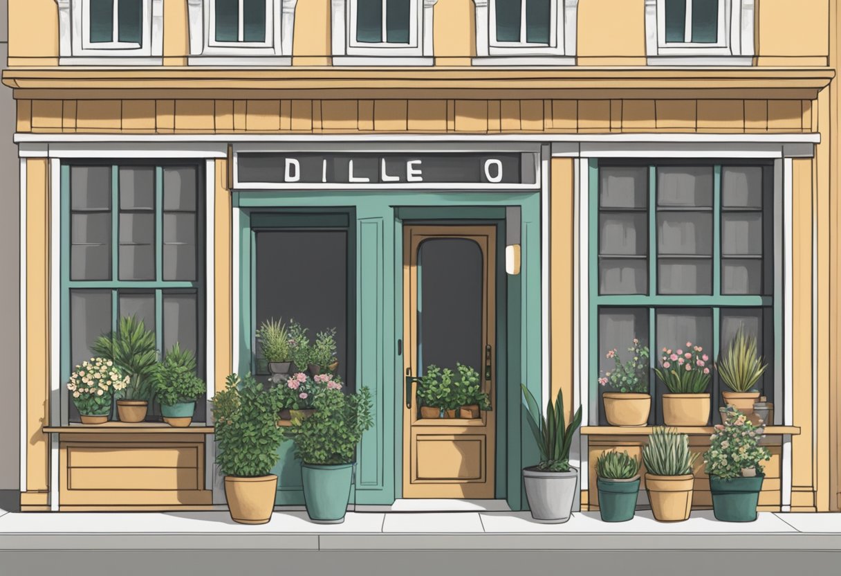 A cozy storefront with a wooden sign, pots of plants, and a quaint window display at Dille en Kamille Utrecht