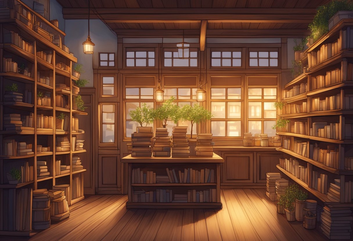 A cozy, rustic storefront with wooden shelves, filled with books and herbs. The warm glow of hanging lamps illuminates the space