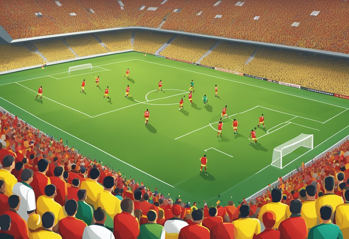 Players in red and yellow uniforms stand on a green soccer field, while the crowd cheers from the stands