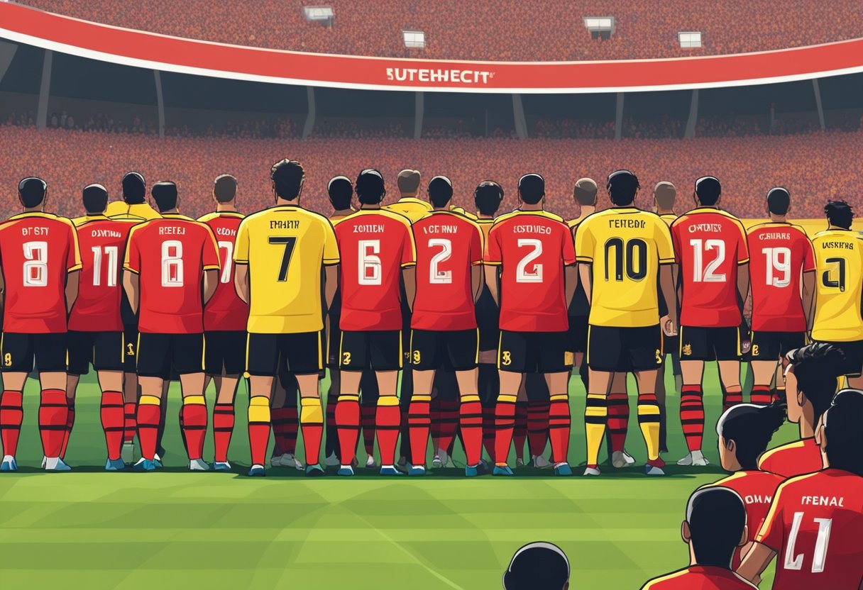 Players in red and yellow jerseys line up on the field, ready for the Utrecht vs Feyenoord match. The stadium is filled with cheering fans