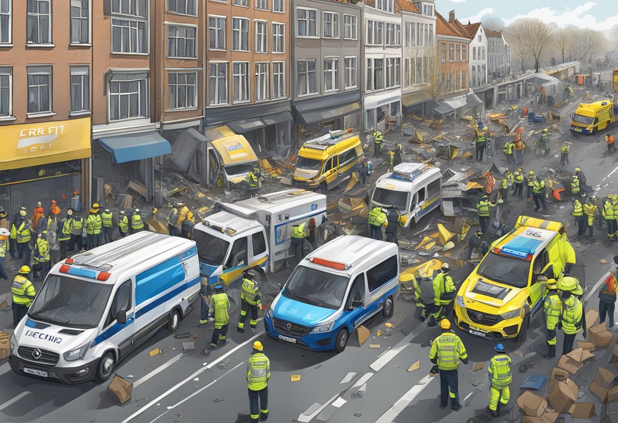 A chaotic crash scene in Utrecht today, with emergency vehicles, debris, and onlookers