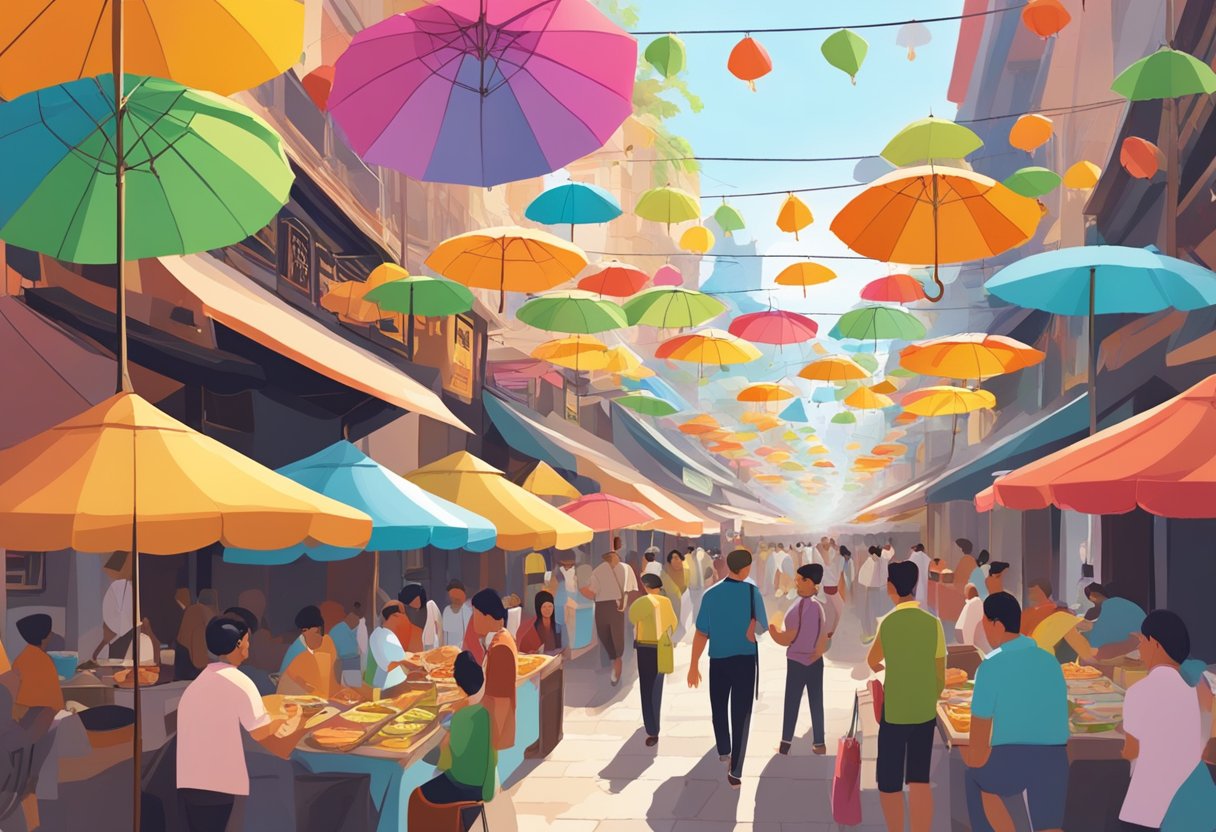 A bustling street lined with food stalls and colorful umbrellas, with people gathering to sample a variety of international cuisines