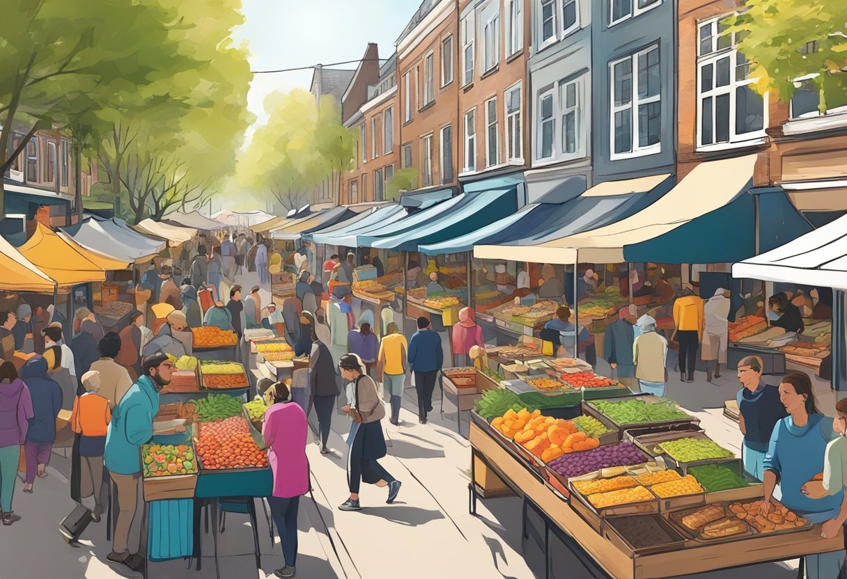 Vibrant outdoor market with colorful food stalls and bustling crowds at The Streetfood Club in Utrecht